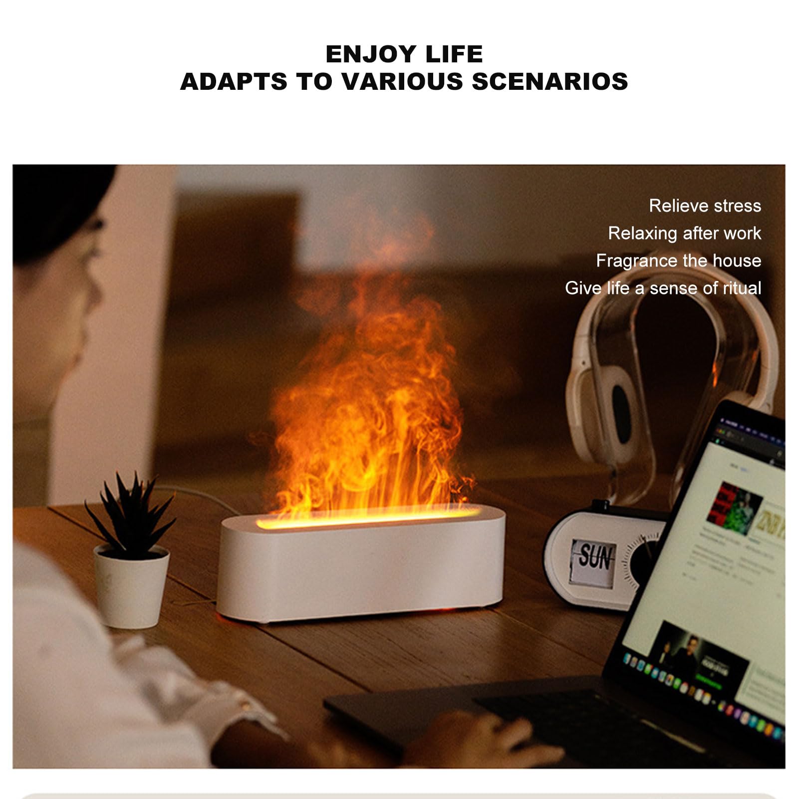 Umidificatore con diffusore d'aria a fiamma simulata Diffusore d'aria con fuoco a 7 colori per camera da letto, casa, ufficio, yoga (Nera)
