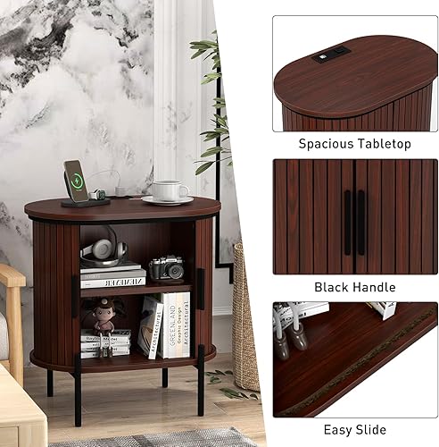 Miniatura 5 de Bonzy Home Mesita de noche redonda, mesa auxiliar acanalada, mesita de noche moderna de mediados de siglo con estación de carga, mesa auxiliar con