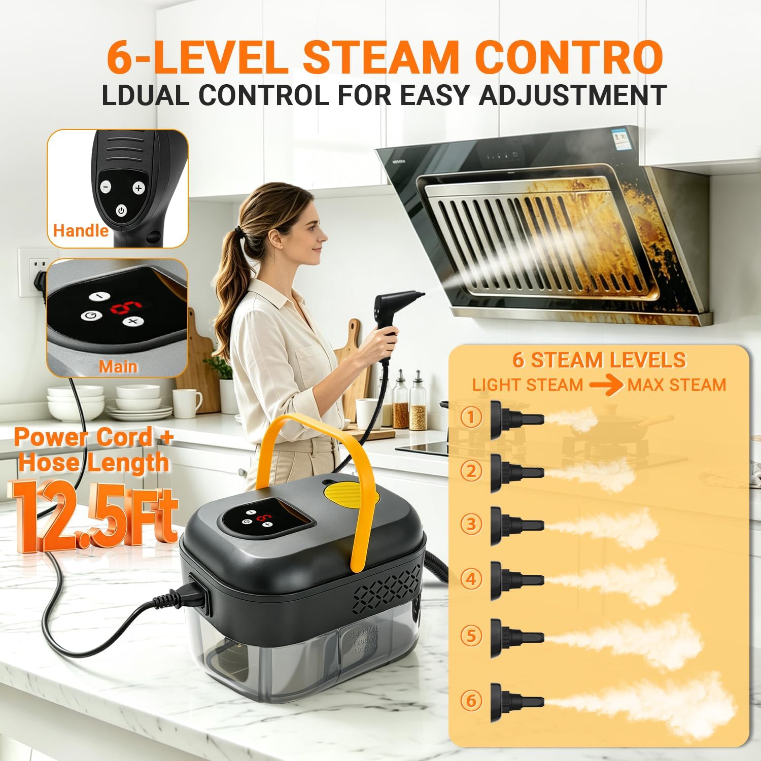 Steam Cleaner, Handheld Steamer with 1500W Power, 3 Bar Pressure & 15s Fast Heating, 6 Adjustable Steam Levels, 120°C High-Temperature Steam with 16 Accessories for Kitchen, Bathroom, Tile, Glass,Car