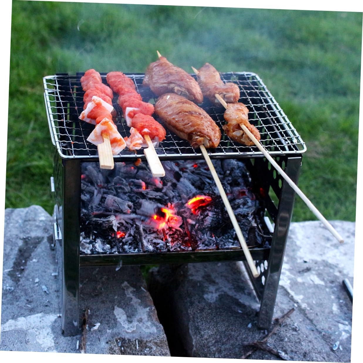 Stainless Steel Outdoor Barbecue Grill Portable Folding Camping Stove Adjustable Height Dual-layer Bbq Grill for Picnic Garden Cooking