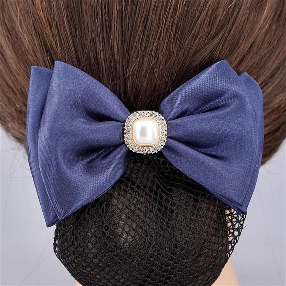 リボンヘアネット 仕事用ヘアクリップネットボウヘッドフラワー フォーマル ヘアアレンジ(青)