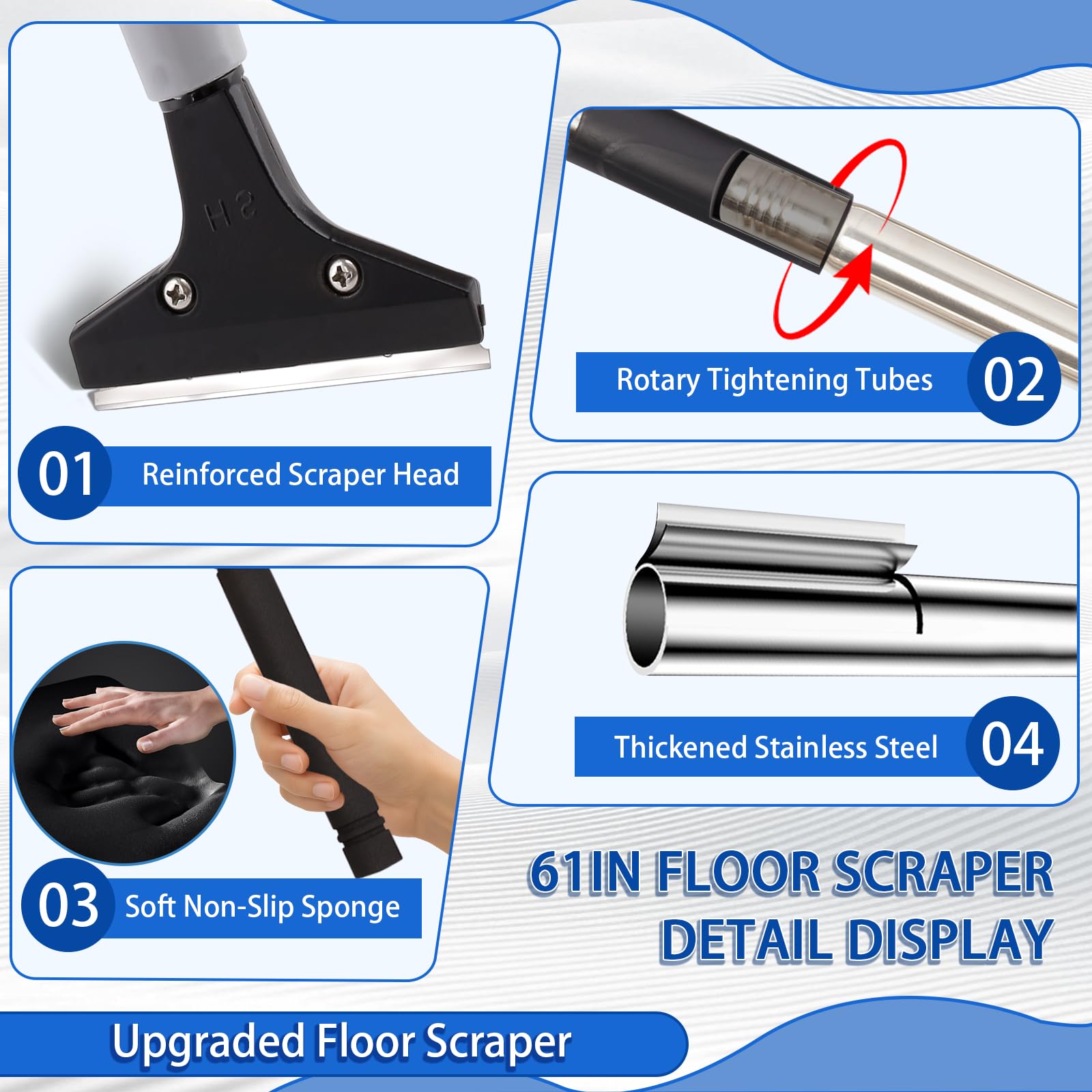 Rascador de piso de cuchilla, herramienta rascadora, rascador de piso de metal de 4 pulgadas con 10 cuchillas de metal adicionales, rascador de pintura de mango largo, ideal para limpiar estufas,