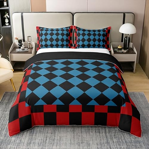 Miniatura 14 de Juego de ropa de cama a cuadros para adolescentes, mujeres, hombres, rosa, negro, a cuadros, 100% algodón, tamaño matrimonial, para niños y niñas,