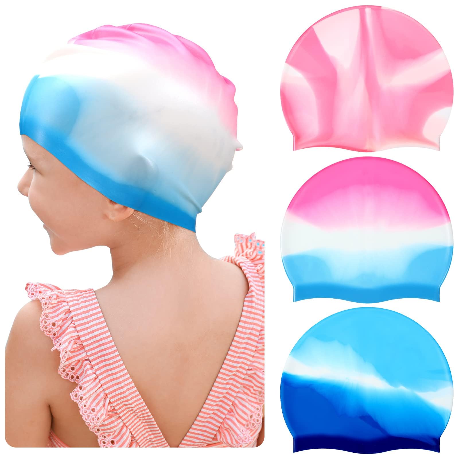 Kids Silicone Swimming Cap - Boys Girls Colorful Braid Soft Waterproof Summer Cap (3 Pcs Set)