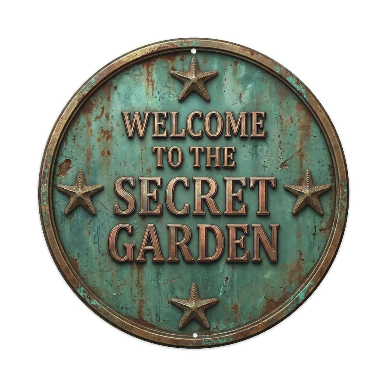Vintage Welcome Secret Garden Brass Seafoam Textured Metal Tin Sign