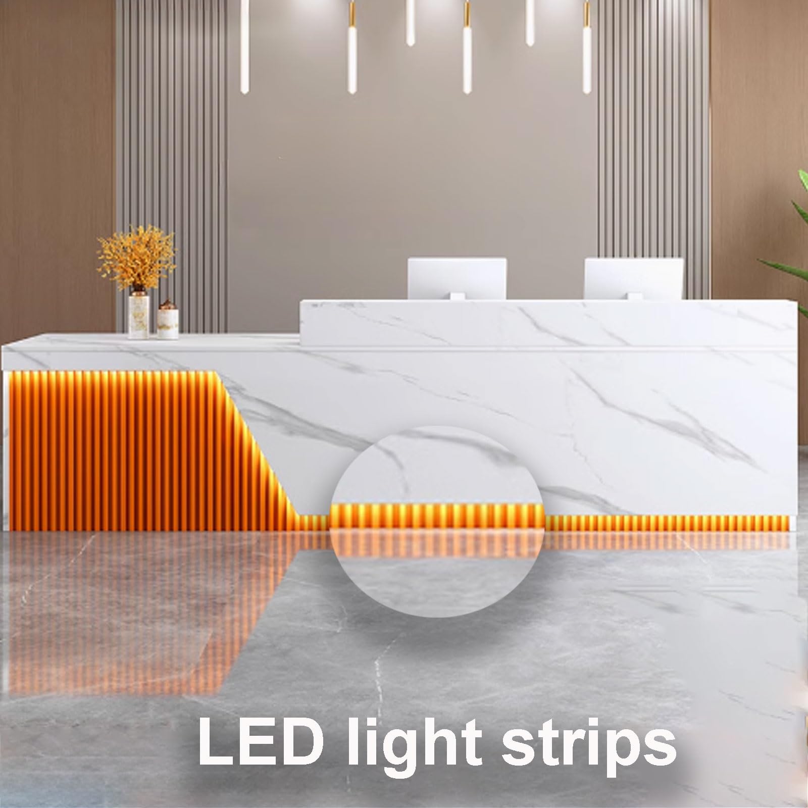 Salon-Empfangstisch mit weicher LED-Beleuchtung und Aufbewahrung, Mehrzweck-Fronttheke für Supermärkte, Bekleidungsgeschäfte, Restaurants, Büro, weiße Textur, dunkelgraue Oberfläche