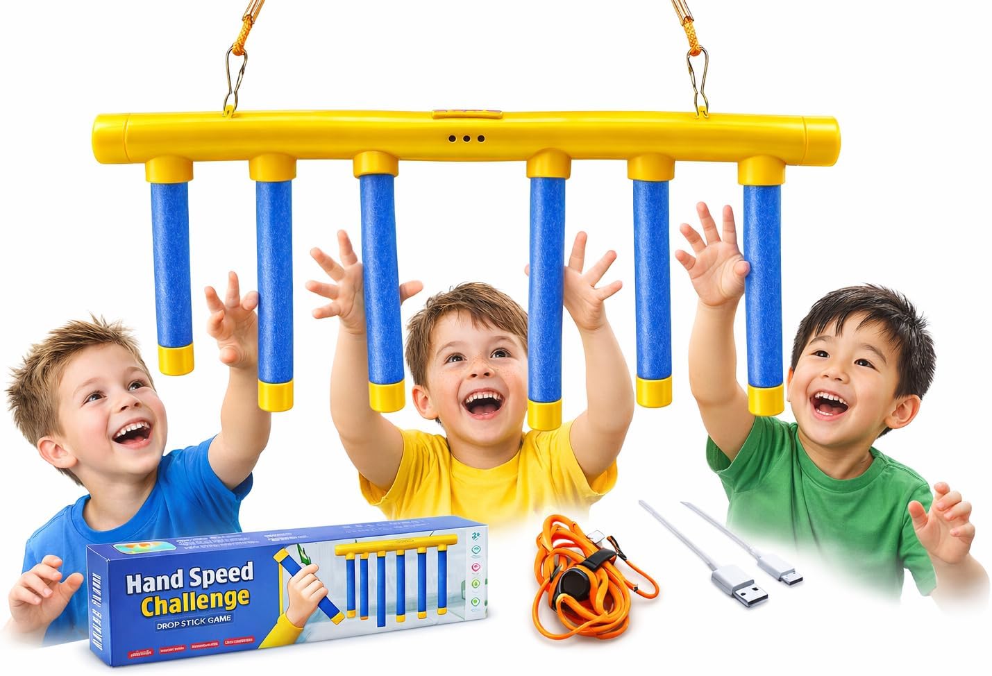 Hand Speed Reaction Game for Kids – Drop Stick Reflex Training Toy for Hand-Eye Coordination, Indoor Active Play, Yellow and Blue, 40 x 9.8 x 5.5 cm