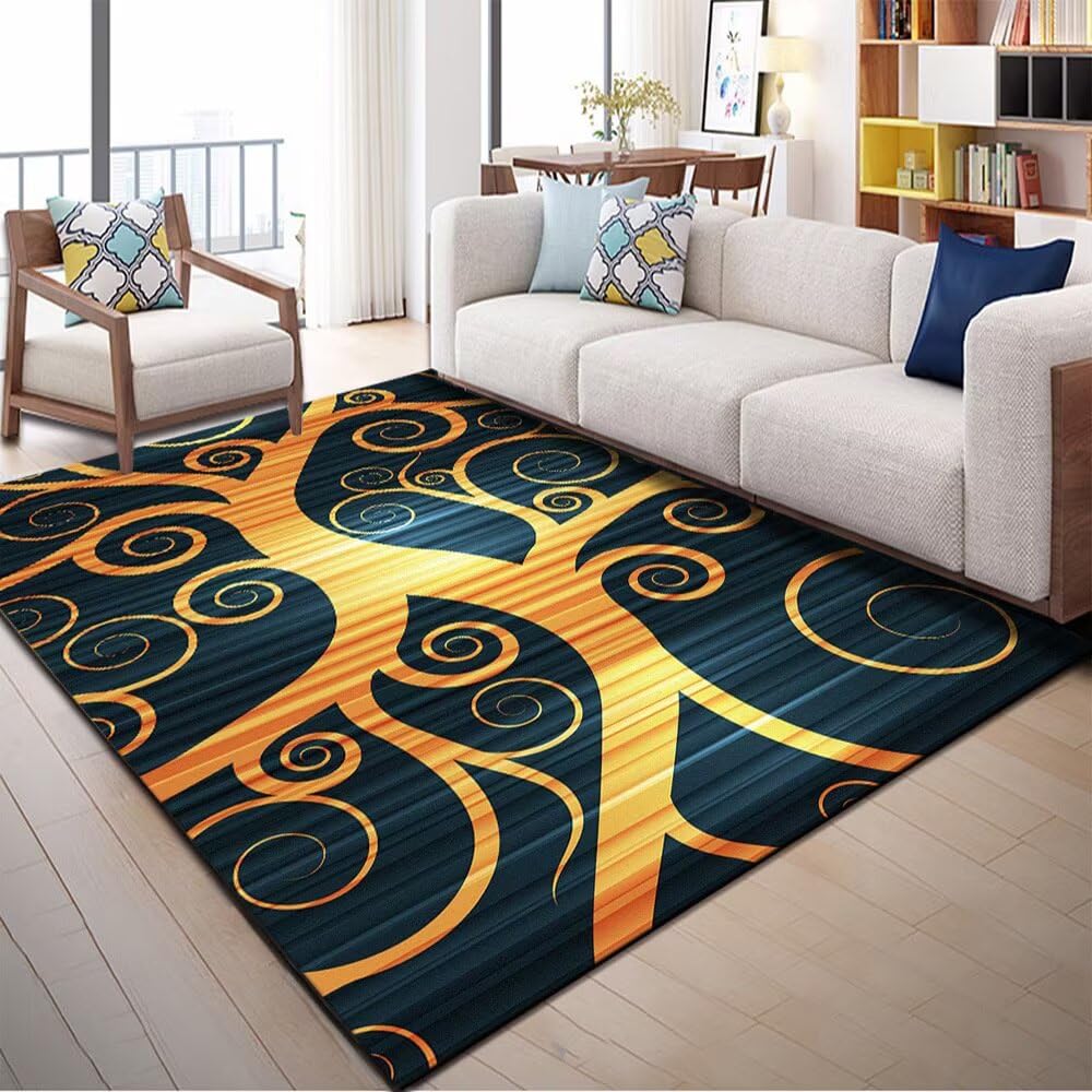 Tapis de salon bleu à motif arbre jaune antidérapant sur mesure 120x180cm