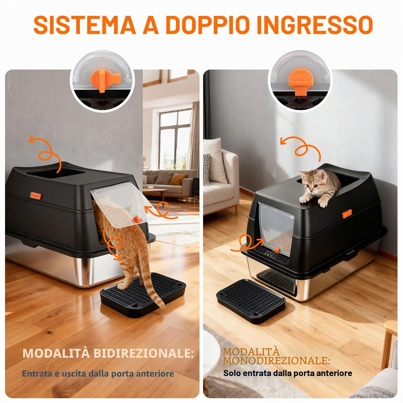 Lettiera per Gatti in Acciaio Inox, Toilette per Gatti XL con Doppio Ingresso e Tappetino Anti-Sabbia, Lettiera Gatto Chiusa Antitrabocco Grandi e Multiuso Cat Litter Box