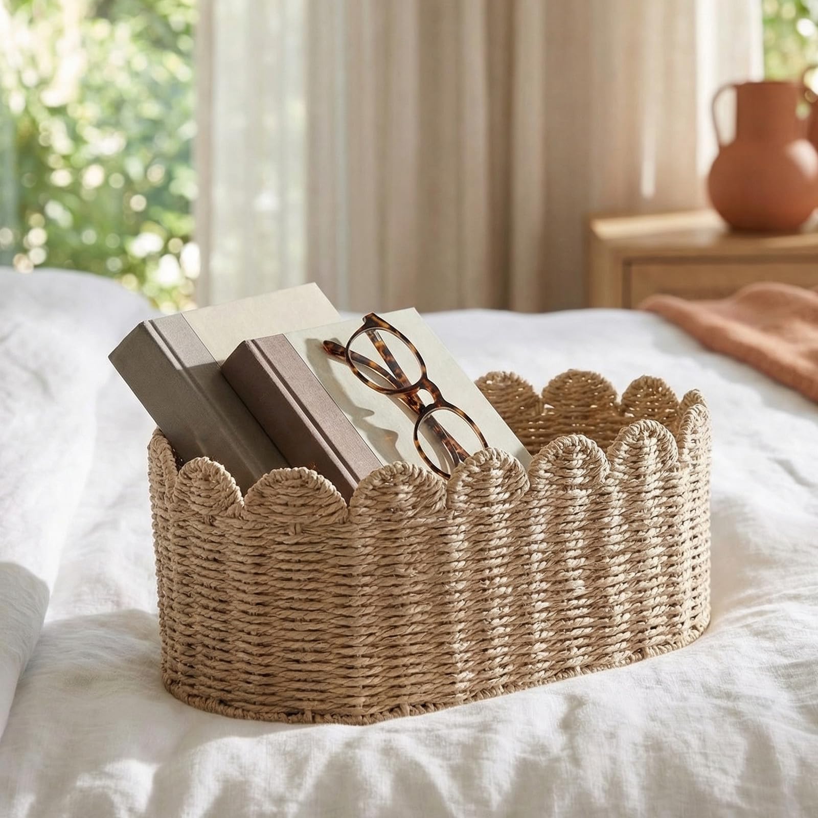 Cestas de Almacenamiento de Cuerda de Papel Trenzada Rectangulares 2piezas | Beige, Borde Festoneado, Hierro Integrado, Organización Versátil para Salón y Decoración del Hogar