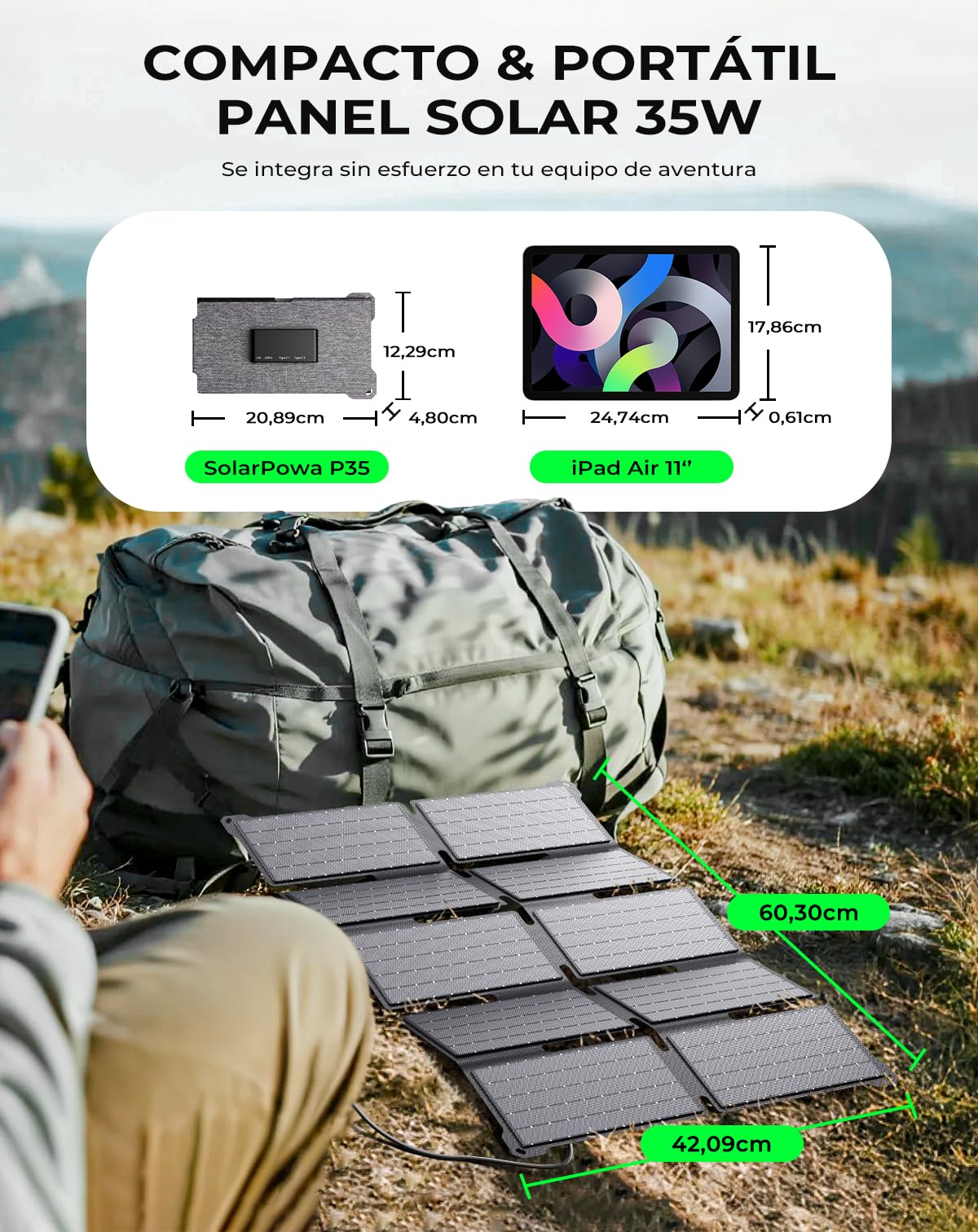BigBlue Cargador Solar Portátil 35W con Carga Rápida USB-A y PD 25W USB-C, Impermeable IP68, Plegable para iPhone/Android/iPad