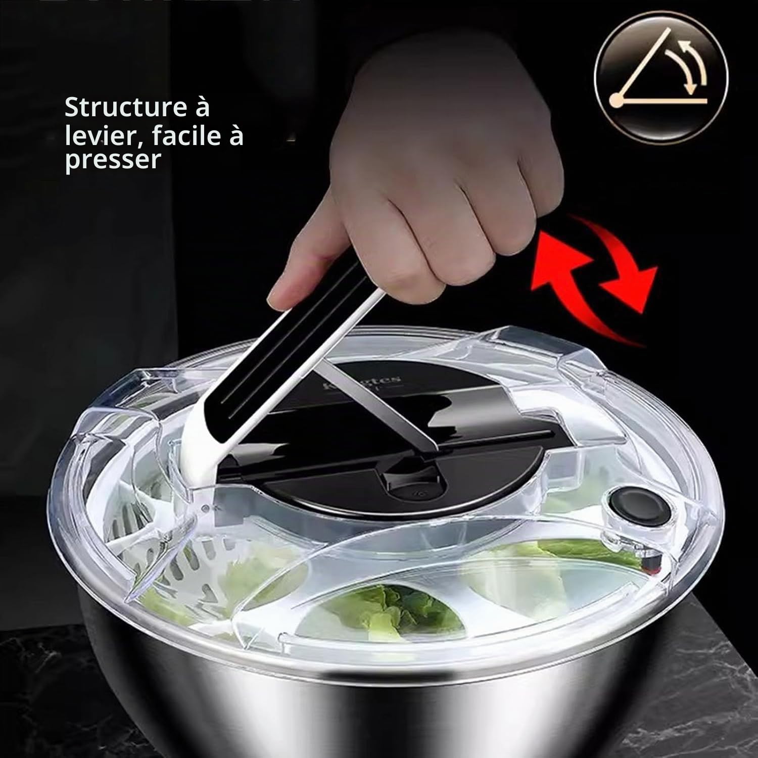Essoreuse à Salade 4,5L en Acier Inoxydable Grande,Essoreuse à salade à piston avec saladier,en Acier Inoxydable, Panier a Salade avec Couvercle,pour Laver et égoutter Les Salades