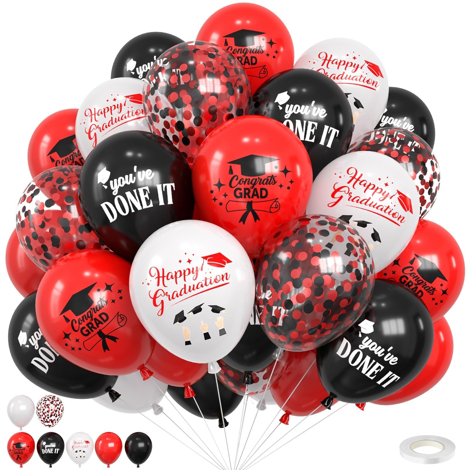 Red Black and White Balloons 12 Inch Happy Graduation Print Balloons