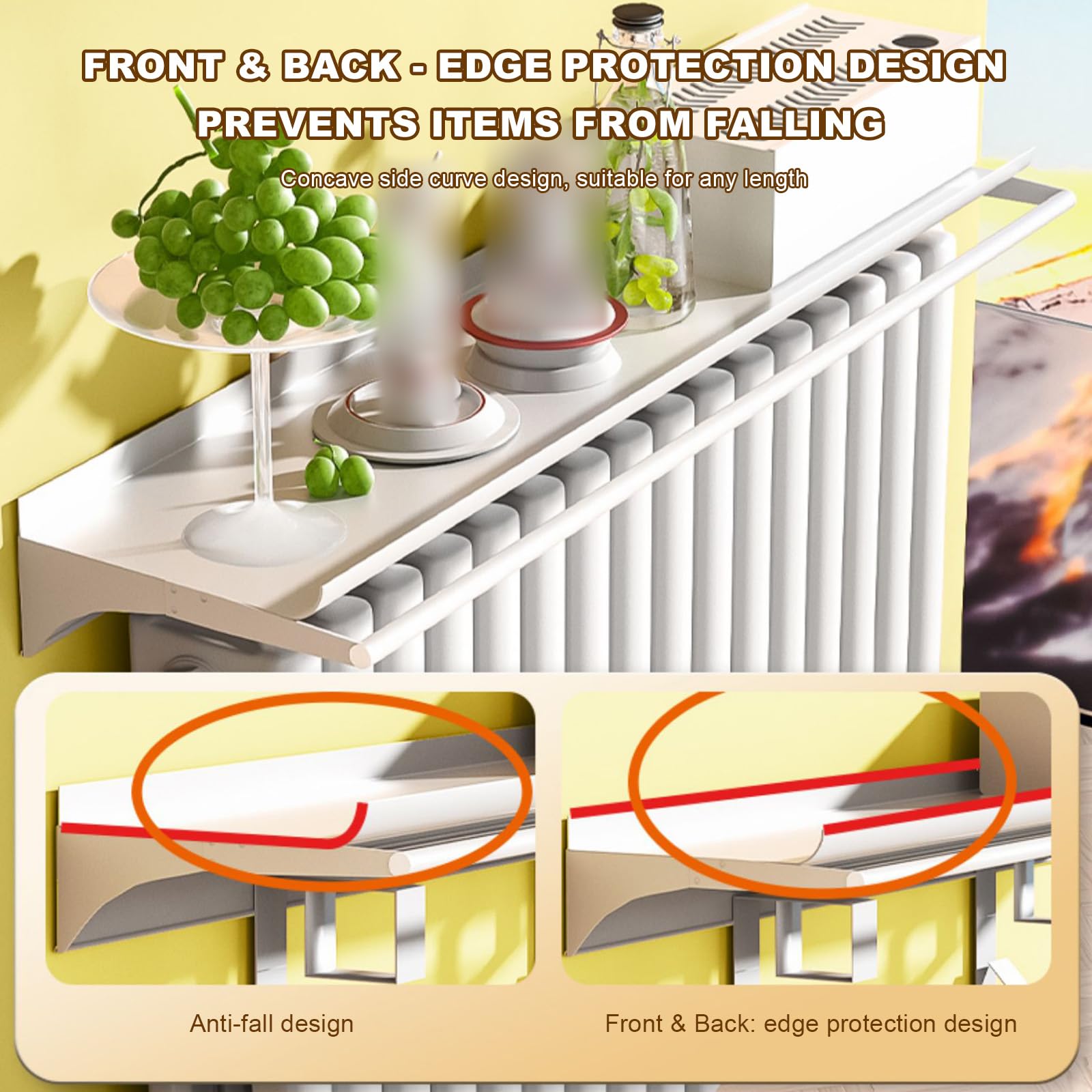 Mensola sopra il radiatore con barra portasciugamani Copertura del radiatore in alluminio senza foratura Design galleggiante per soggiorno, cucina, ufficio, staffa in acciaio inox soluzione
