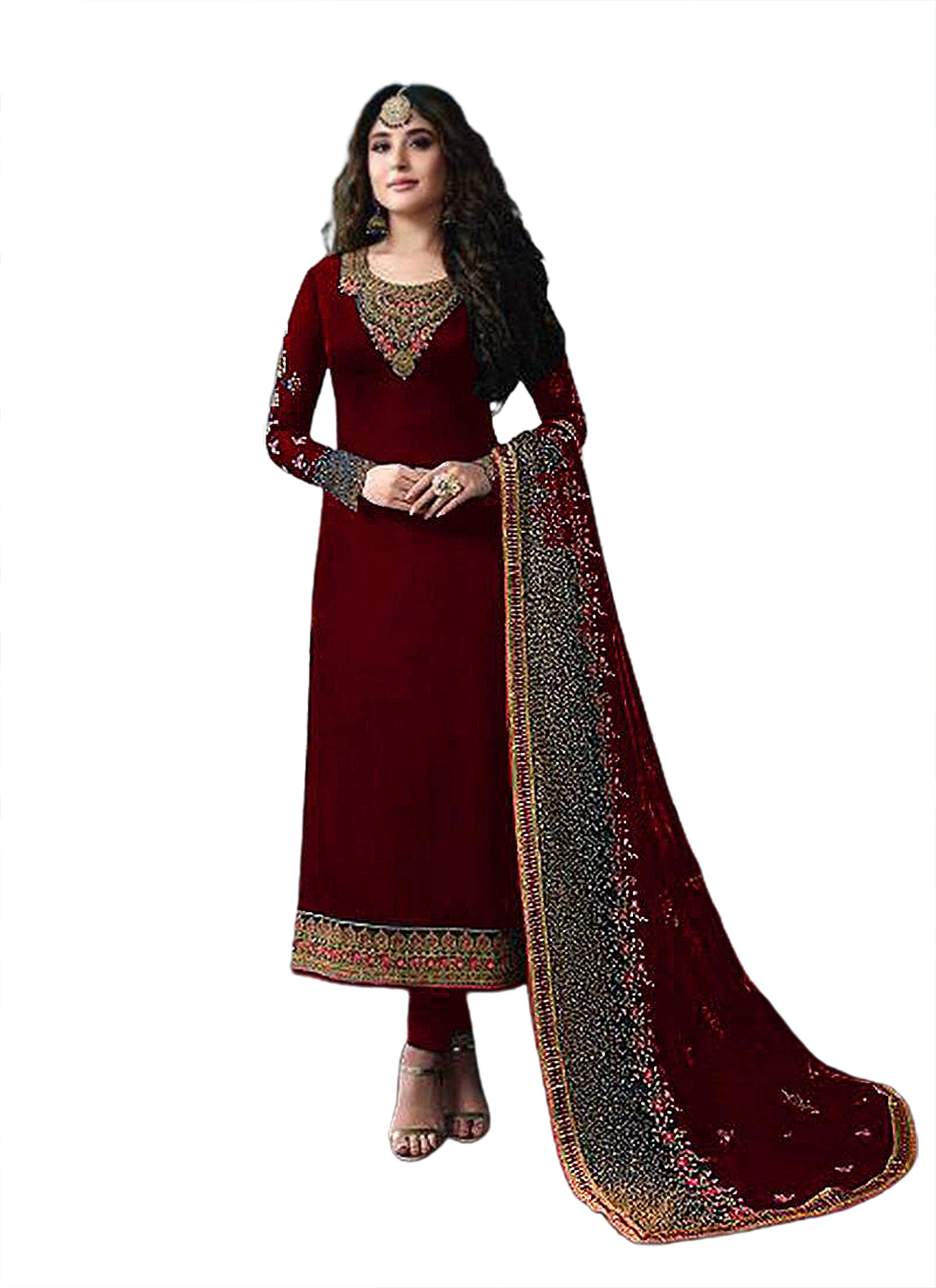 Miss Ethnik Maroon Georgette Semi Stitched Top With Unstitched Santoon Bottom and Faux Georgette Dupatta Embroidered Straight Kurta Dress Material For Women (Salwar Suit Set) (ME-976-Maroon)