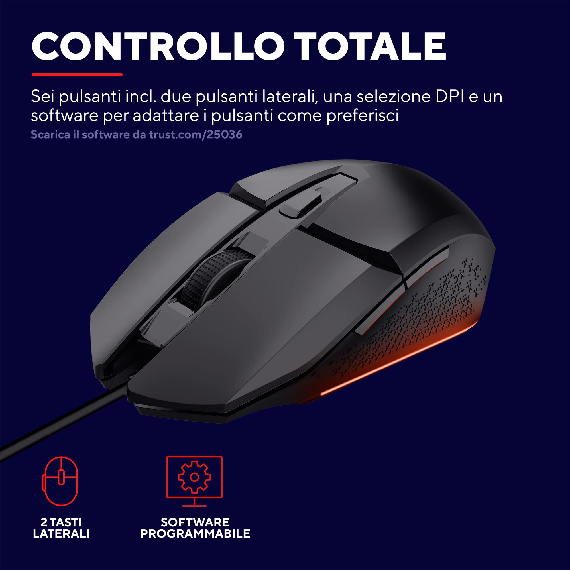 Trust Gaming GXT 109 Felox Mouse Gaming con 6 Pulsanti Programmabili, Illuminazione LED Multicolore, Software Incluso, 200-6400 DPI, Mouse con Filo USB 150 cm per PC, Portatile, Computer - Nero