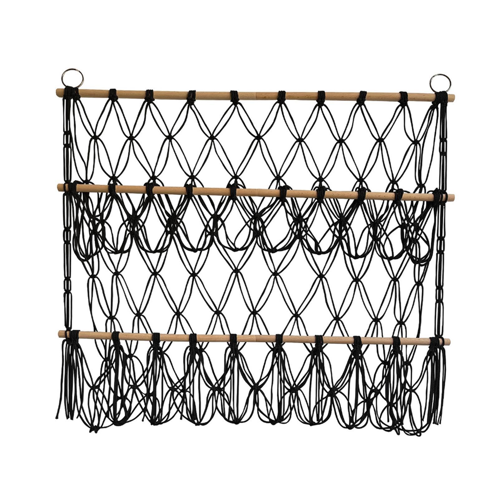 QIXCXAZ Boho Wall Corner Net Holder Unique Aesthetic Appeal Easy To Hang Solution Storage Of Kids Toys Using Traditional Handwoven Techniques Stuffed Animal, black, 80x75cm