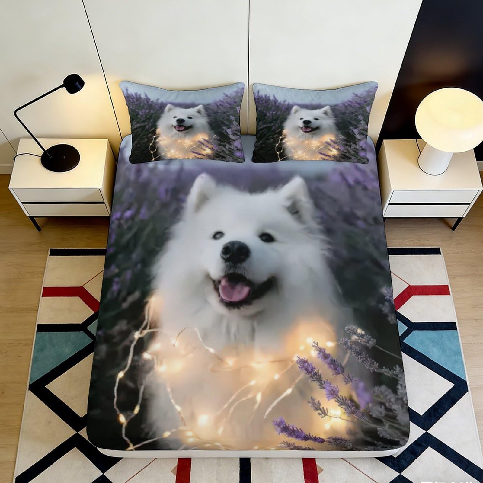 3D Printed White Samoyed Lavender Fitted Sheet Microfiber Bedroom Decor Anti-Slip Mattress Cover Machine Washable 180x200x25cm