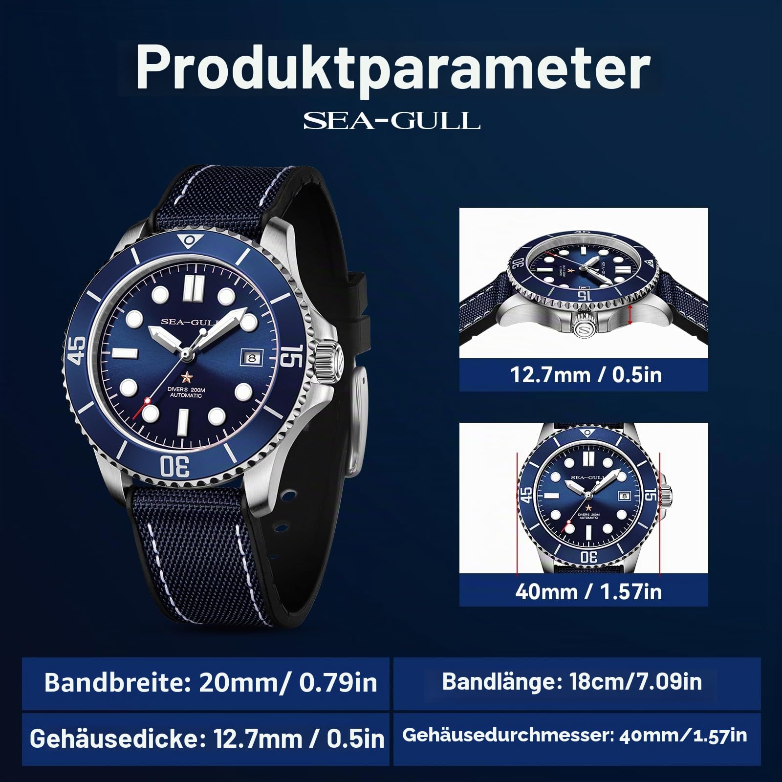 SEA-GULL Automatische mechanische Taucheruhr für Herren, 200 m, wasserdicht, Business-Kleid, leuchtender Kalender, Armbanduhren, 40 mm, Ozean-Serie 6204