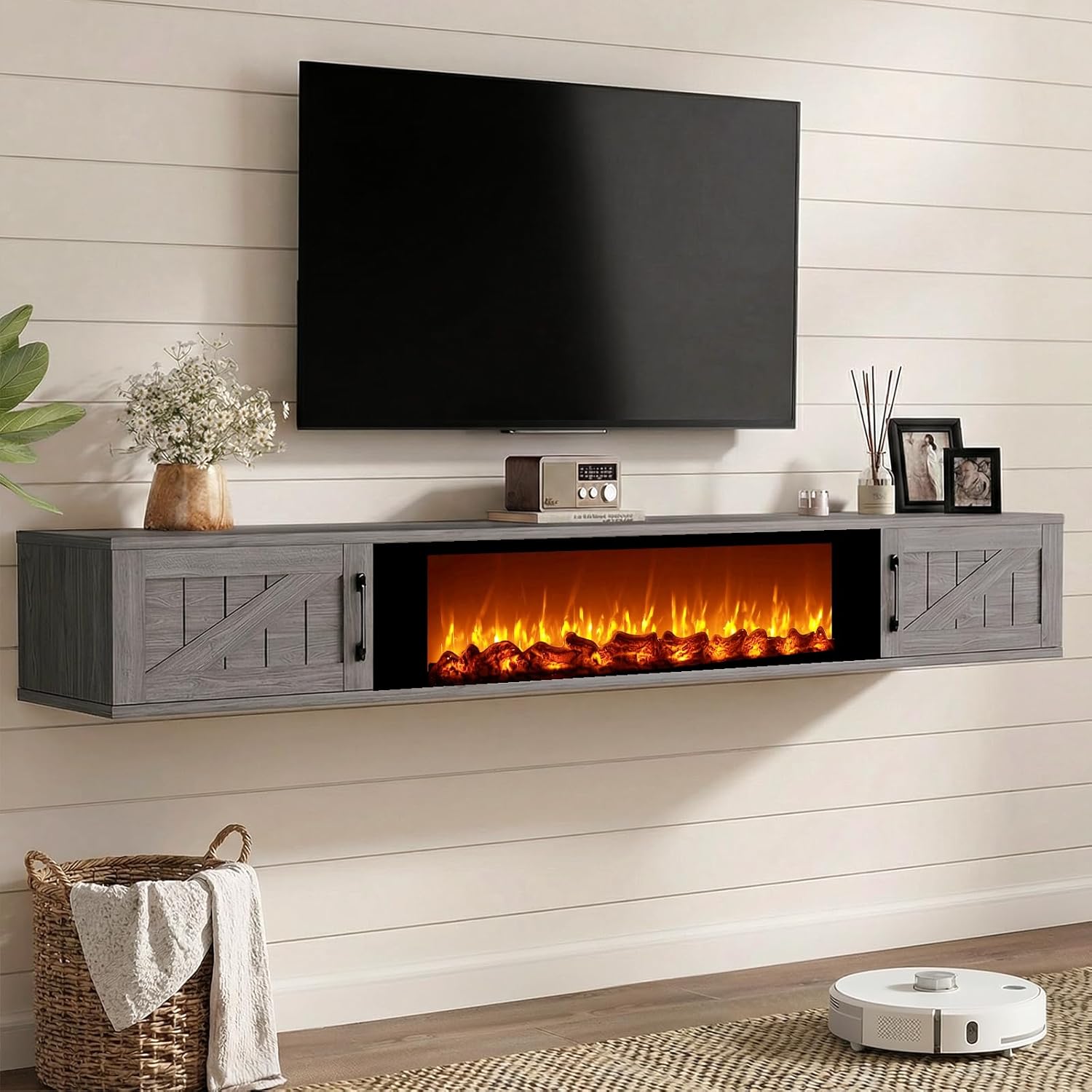 70" Floating TV Stand with 36" Electric Fireplace, Farmhouse Entertainment Center with Storage, Floating TV Cabinet Shelf for TVs Up to 80", Wall Mounted TV Stand for Living Room, Gray