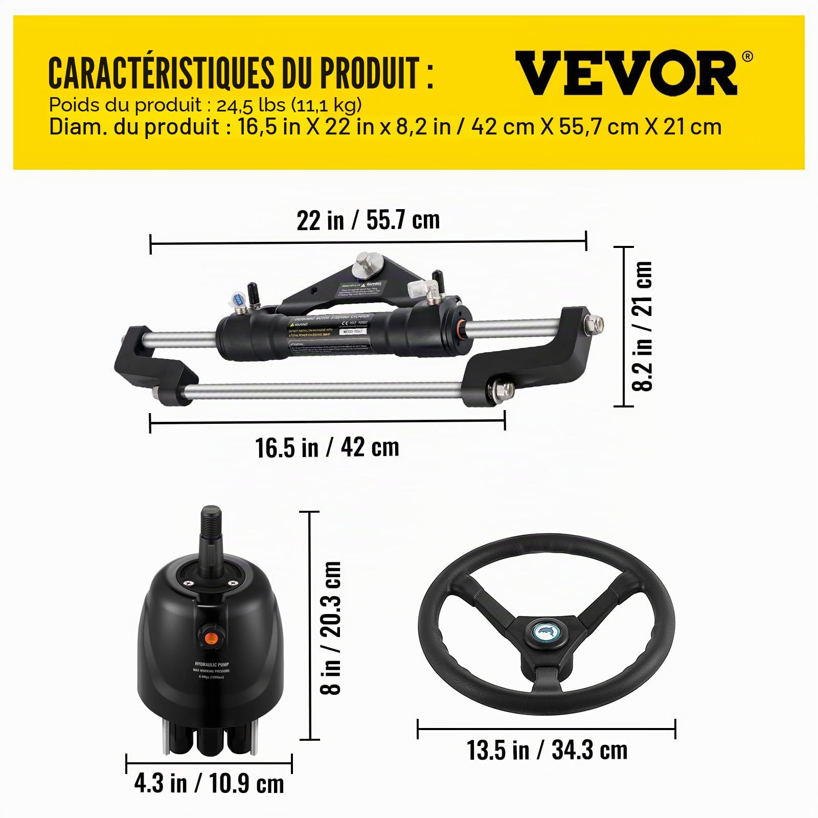 VEVOR Kit de Direction Hydraulique pour Bateau 300 HP, Cylindre de Direction Hors-Bord, Pompe à Barre avec Volant et Tuyau de Direction Hydraulique de 5,5 m, pour Système de Direction des Bateaux