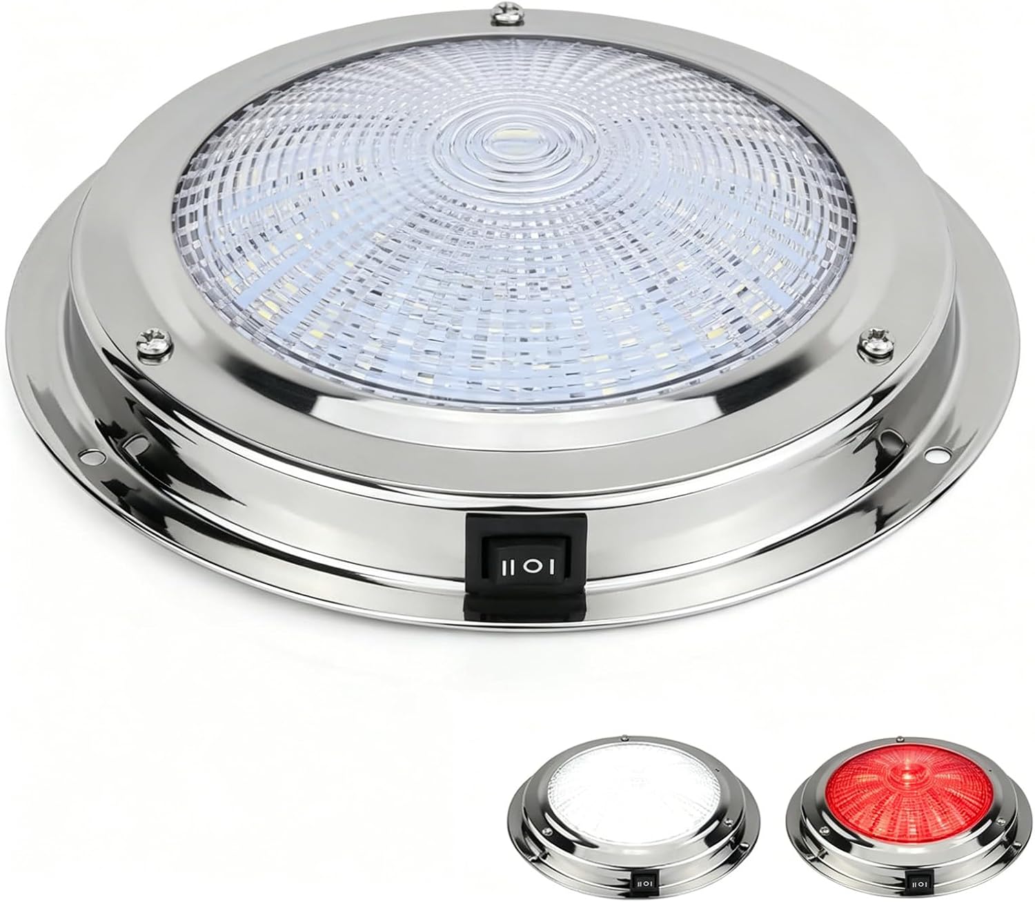 5.5 Inch 12V Dual-Color LED Boat Dome Light with Toggle Switch | White and red light modes boat cabin light, stainless steel surface-mount design for boat cabins, yachts, pontoons and RVs