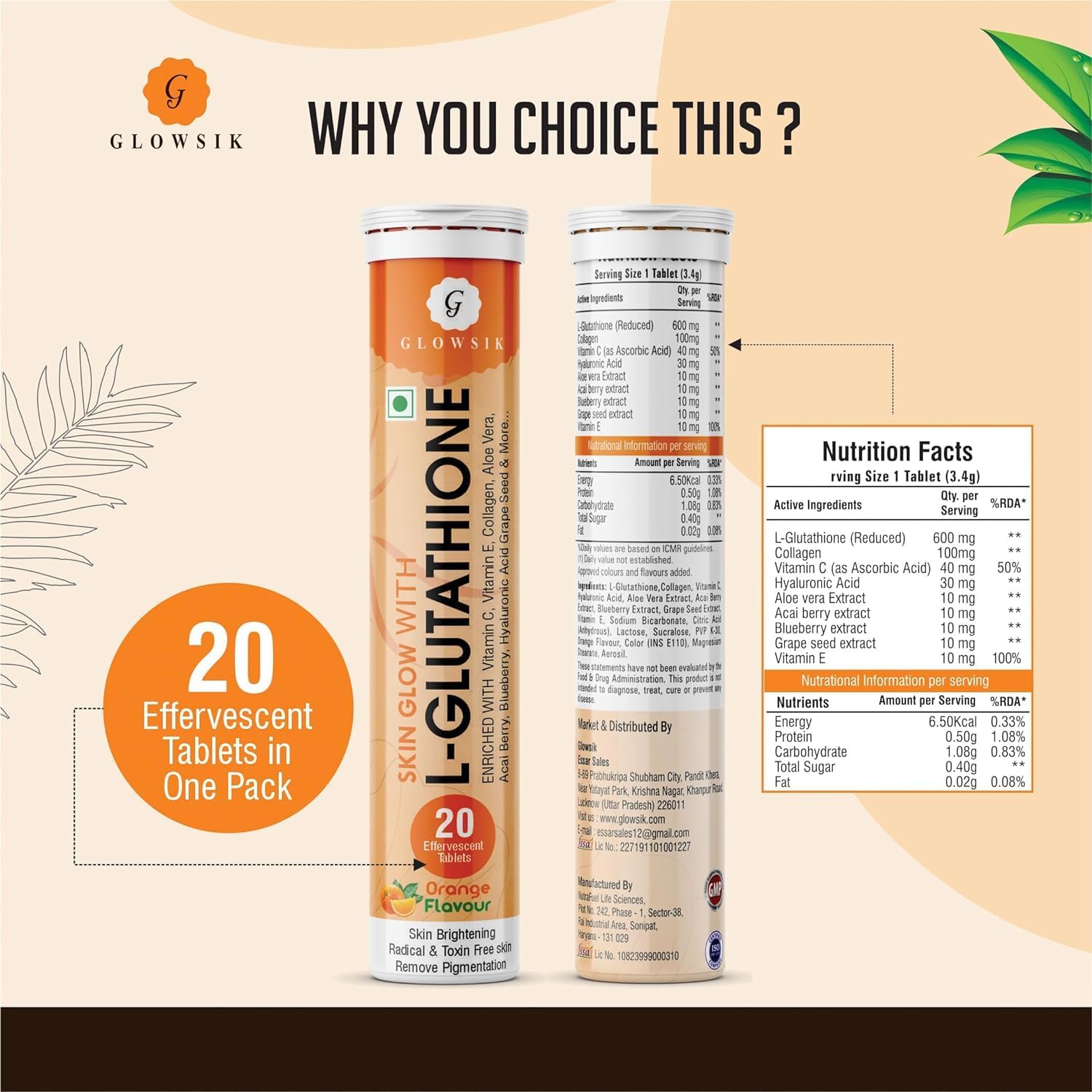 Glowsik Glutathione with Vitamin C, 40 Effervescent Tablets for Skin Health, 600mg Glutathione Reduced, Antioxidants Supplements for Glowing Skin Health, Orange Flavour - Image 6 thumbnail
