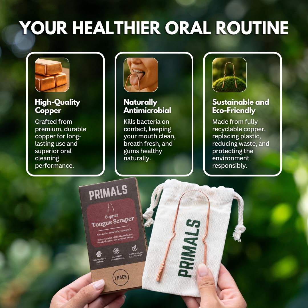 PRIMALS Copper Tongue Scraper - Fresher Breath & Improved Oral Health - Natural Ayurvedic Cleaner for Daily Detox - Rust-Resistant, Eco-Friendly with Travel Cloth Pouch Included (1 Count) - Image 7