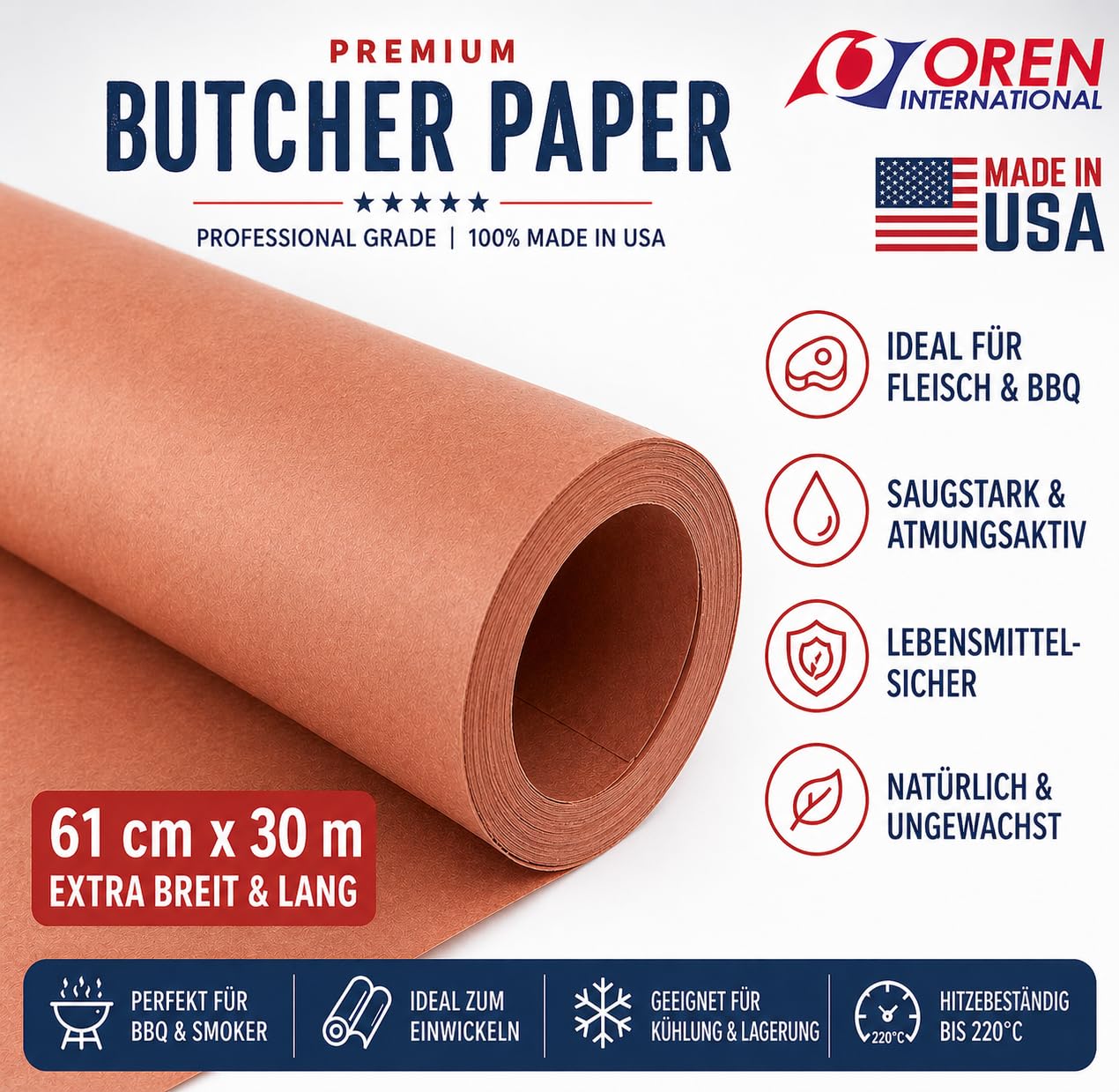 Oren Pink Butcher Paper - ORIGINAL US-IMPORT - 30 Meter x 61 cm - Metzger Papier – für BBQ Smoker Grill