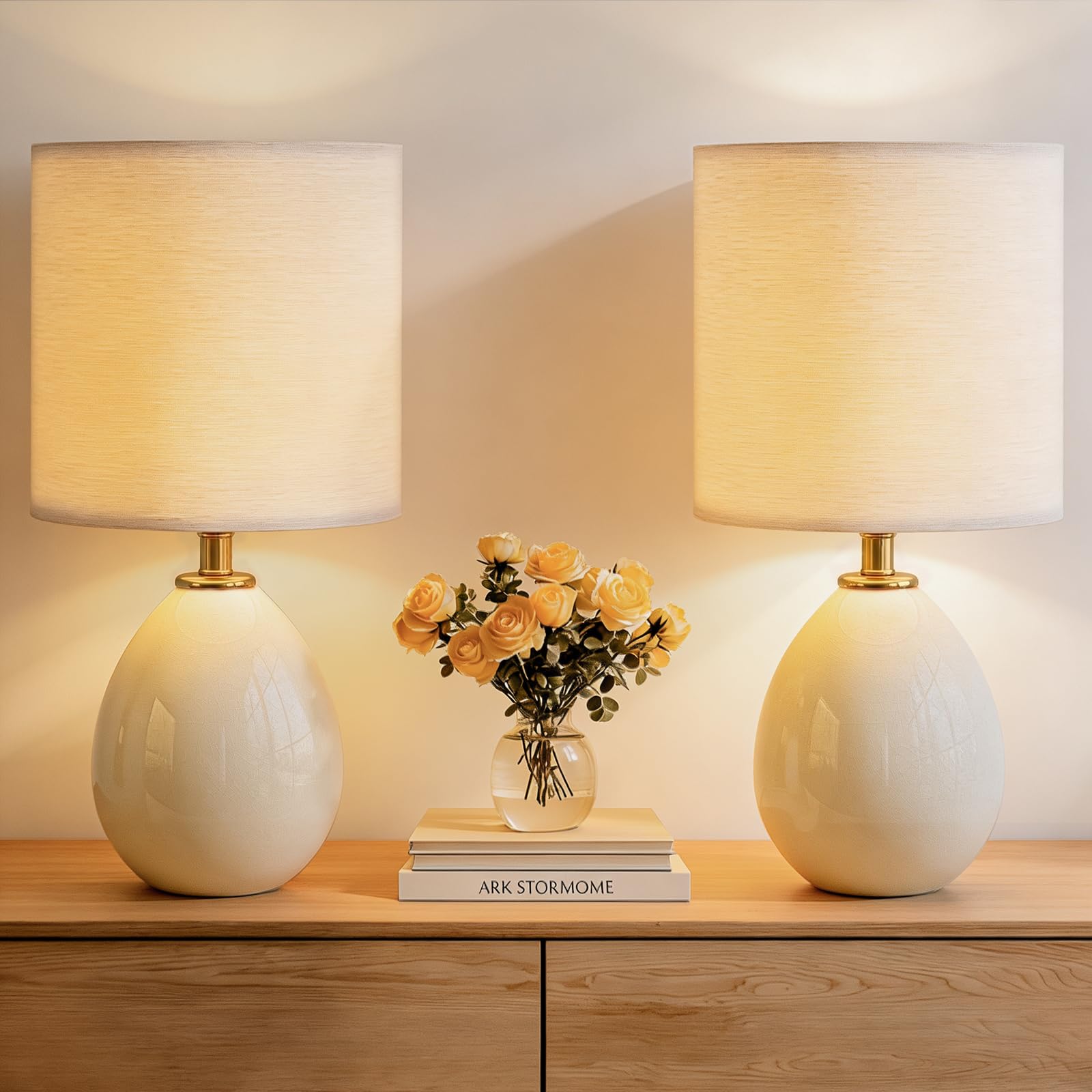 Dawnwake Bedside Lamps Set of 2, 18.5" Small Table Lamps with Ceramic Base & Linen Shade, 3-Way Dimmable Warm White Light, Modern Nightstand Lamps for Living Room, Bedroom [Energy Class F] (Cream) — image 1