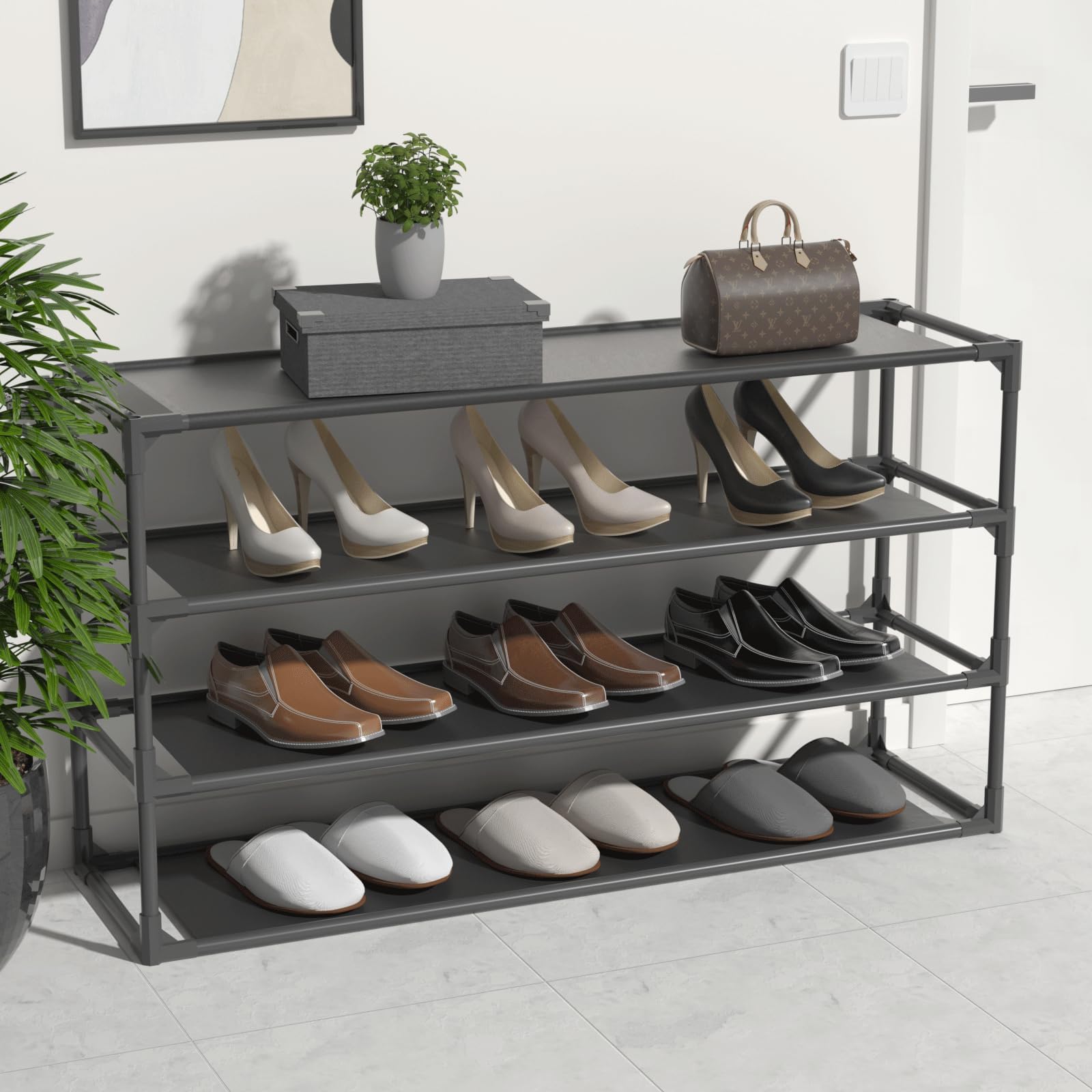 TY ARTS & CULTURE 4-Tiers Shoe Rack Organizer, Sturdy Metal Pipes & Durable Non-Woven Fabric, Space Saving Tall Shoe Rack Hold 80-100 Pairs, Shoe Rack