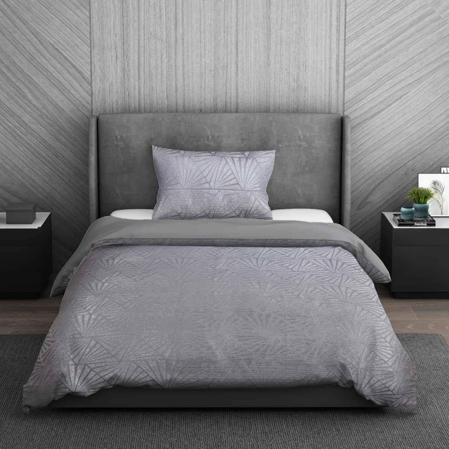 Rackhams Silver Luxury Hotel Quality Lurex Jacquard Geometric Deco Duvet Cover With Pillowcases - Single (135Cm X 200Cm)