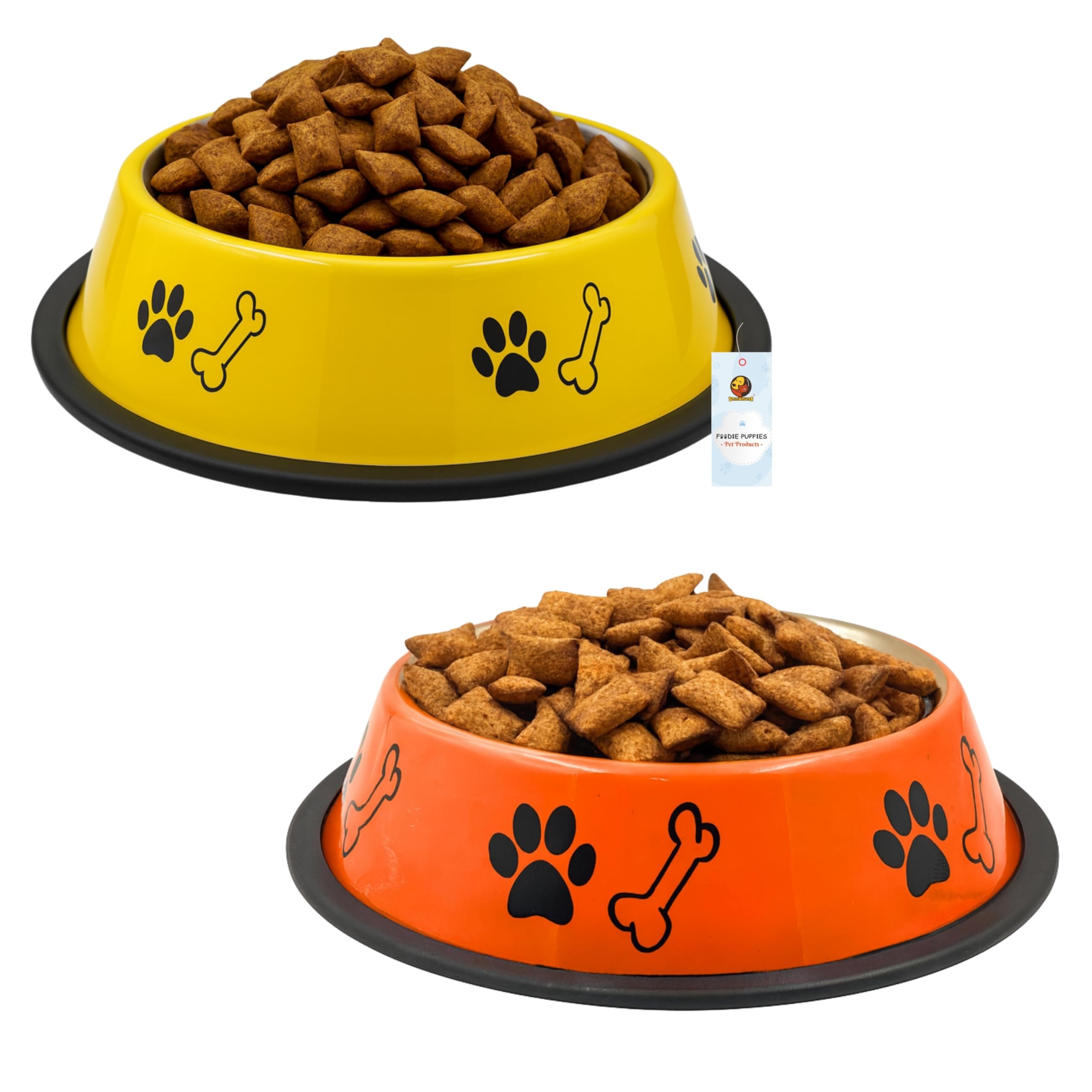 Foodie Puppies Stainless Steel Dog Bowl Combo - (Medium, 700ml) Food and Water Feeding Gift Bowl | Suitable for Dogs, Cats and Other Pets I Paw Bone Print, Anti-Skid Rubber Base (Yellow + Orange)