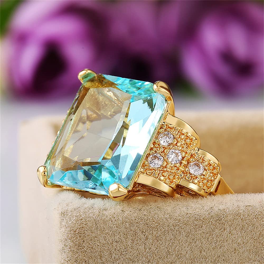 18K Yellow Gold Plated Perfect Square Cut Blue Aquamarine Birthstone Ring AAA Cubic Zirconia Rings CZ Diamond Eternity Engagement Wedding Band Ring Party Ring for Women ST.422 (6)
