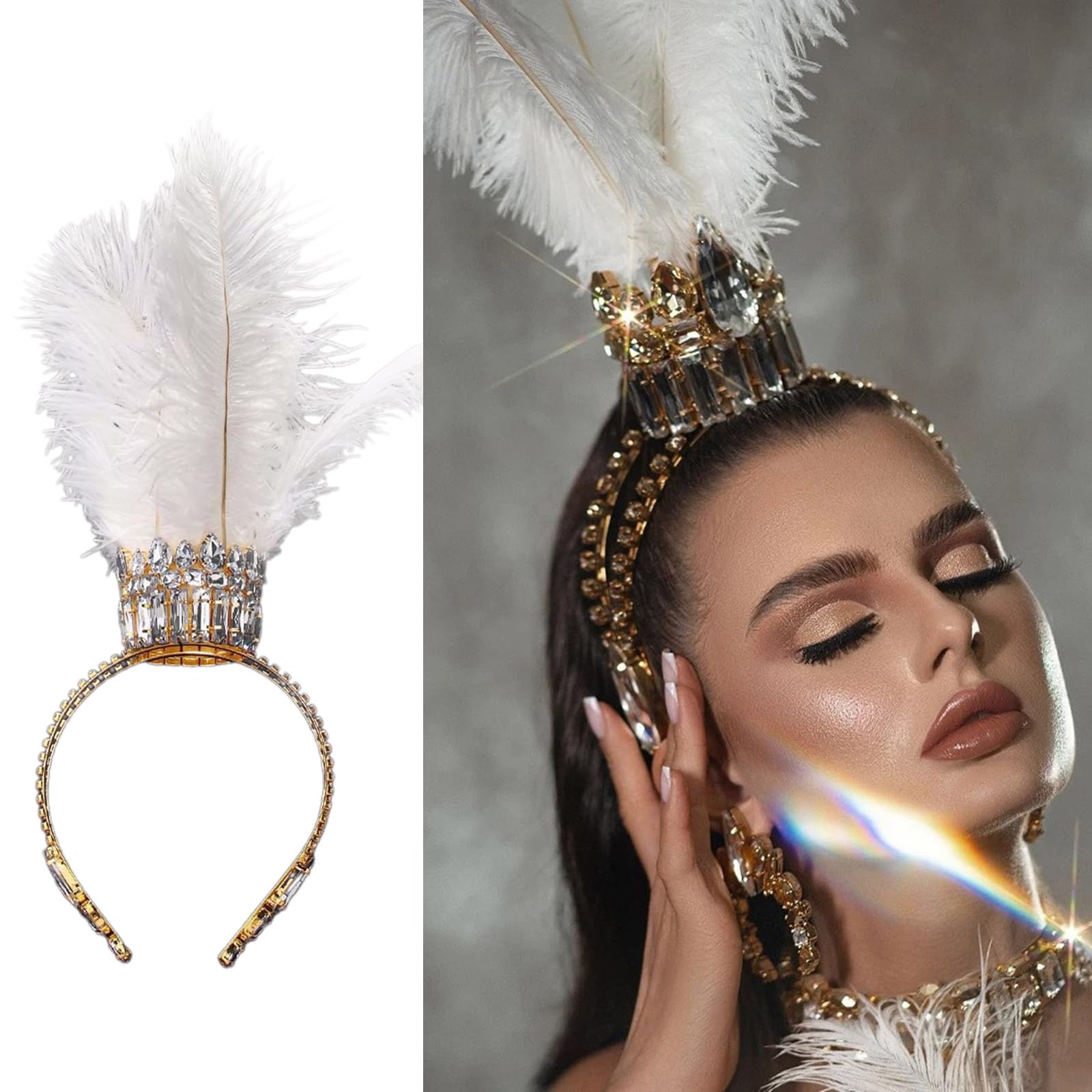 Elegante fascia per capelli con piume, con strass robusti, accessorio per capelli stravagante, portatile, accessorio per capelli da donna Trendyt