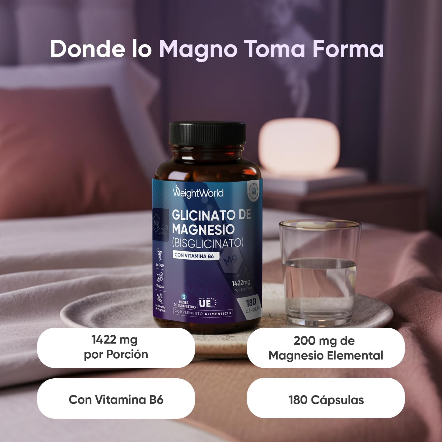 Glicinato de Magnesio 1422mg con Vitamina B6-180 Cápsulas Veganas que Aportan 200mg de Magnesio Puro - 3 Meses de Suministro, Sin OGM ni Estearato de Magnesio