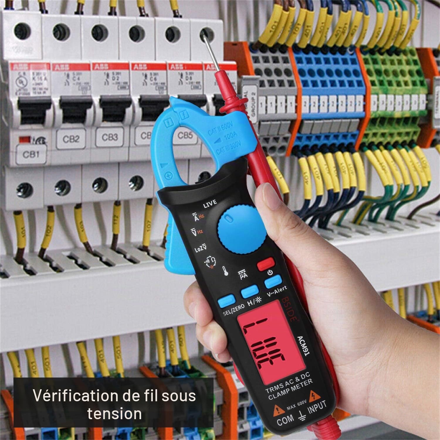 Pince Bside ACM91 mesure courant AC/DC RMS 6000 points mesures Voltmètre thermomètre Capacité Fréquence vérification branchements électriques avec clip arrière