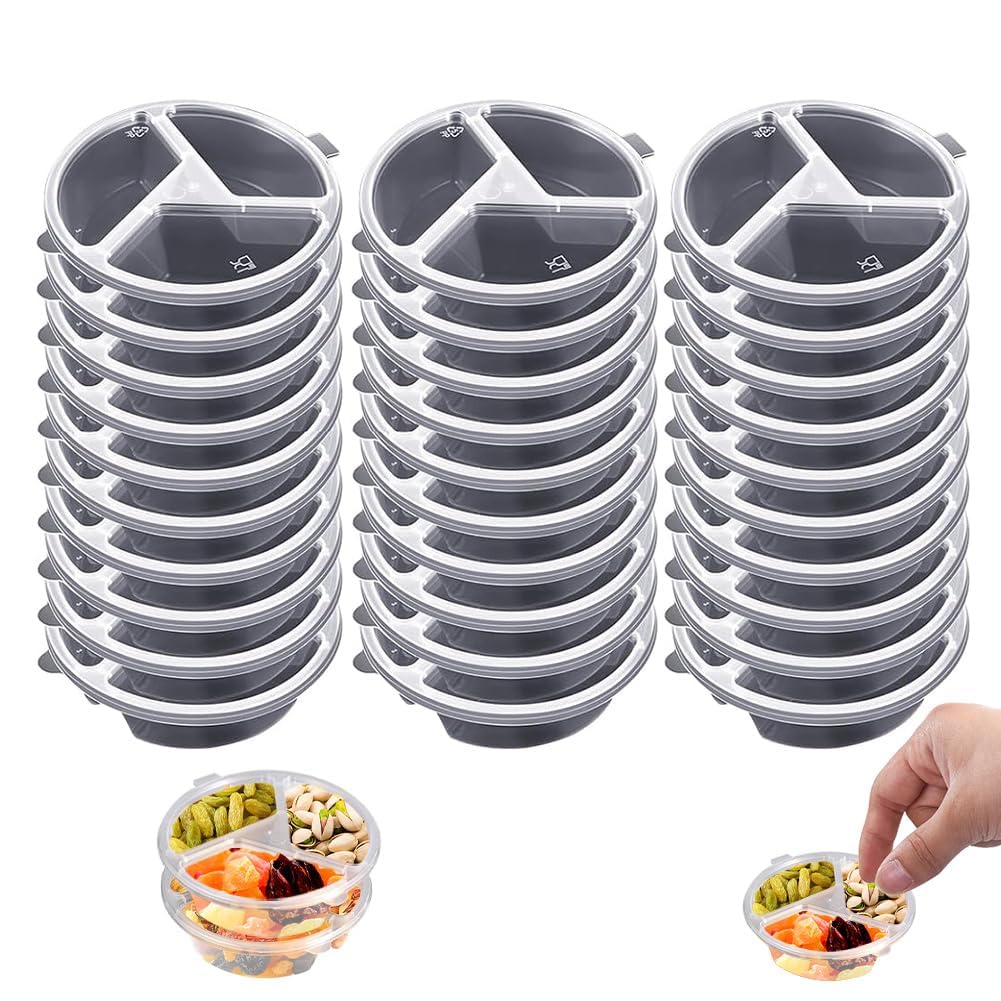 3 Compartment Condiment Containers with Lids 30pcs Disposable Sauce Cups Small Plastic Snack Containers Cups for Salsa Dips Dressing