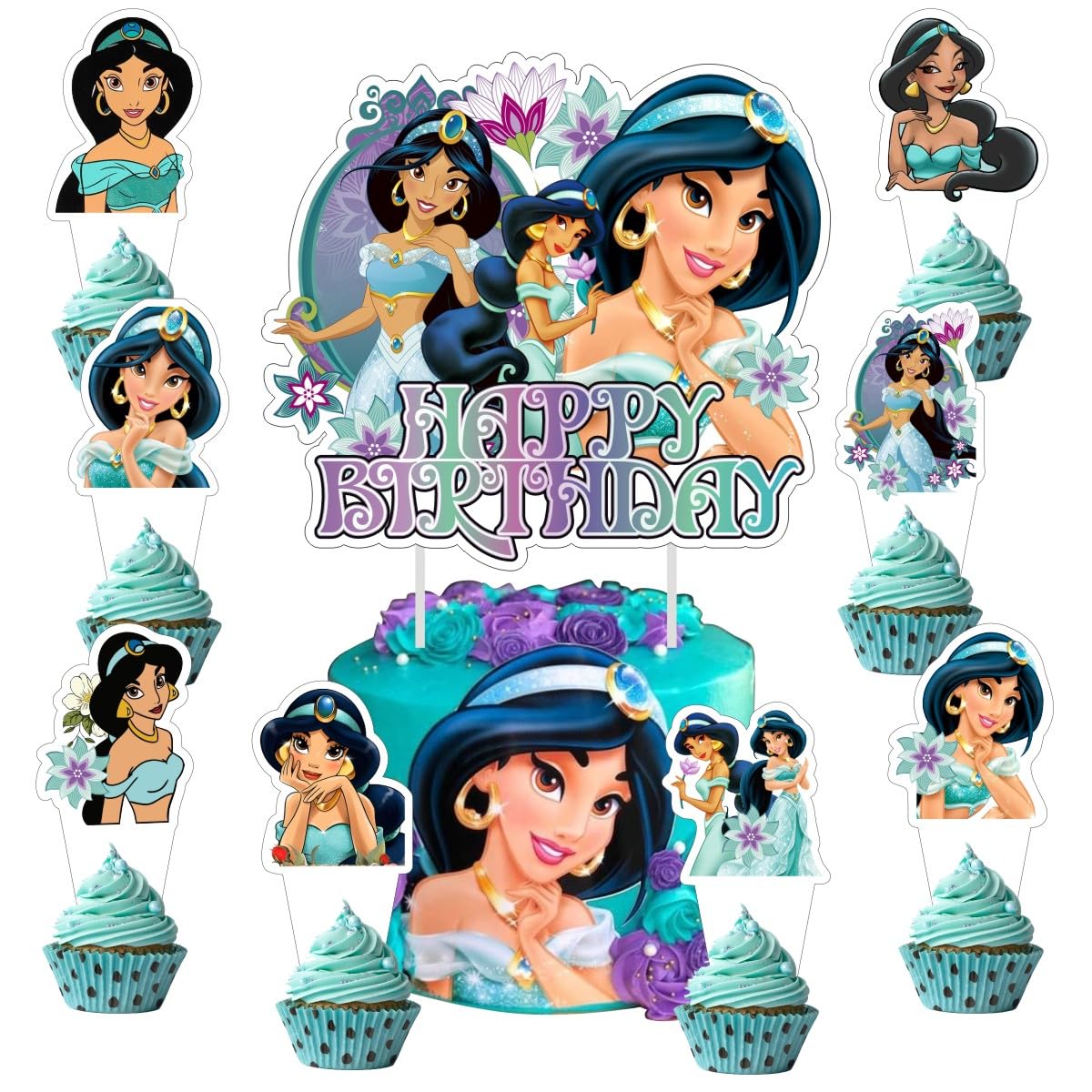 Photo 1 of 25Pcs Princess Jasmine Cake Decorations with 24pcs Cupcake Toppers 1pcs Cake Topper for Girls Birthday Party Supplies