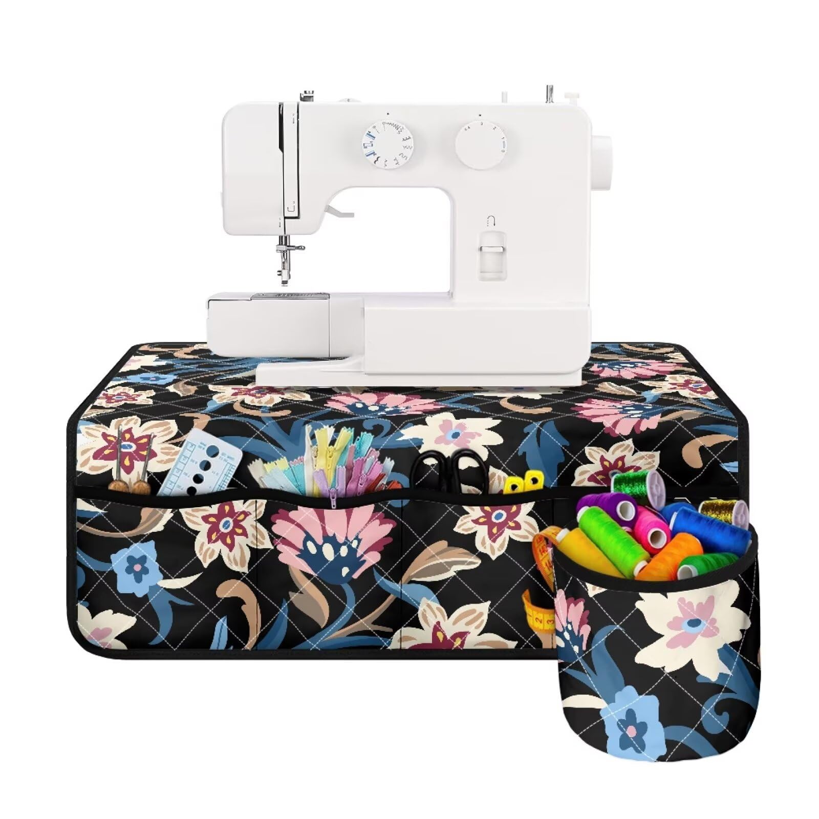 Sewing Machine Carrying Case, Sewing Machines Pad for Table with 4 Pockets Scratches-Proof Muffling Mat - Flower