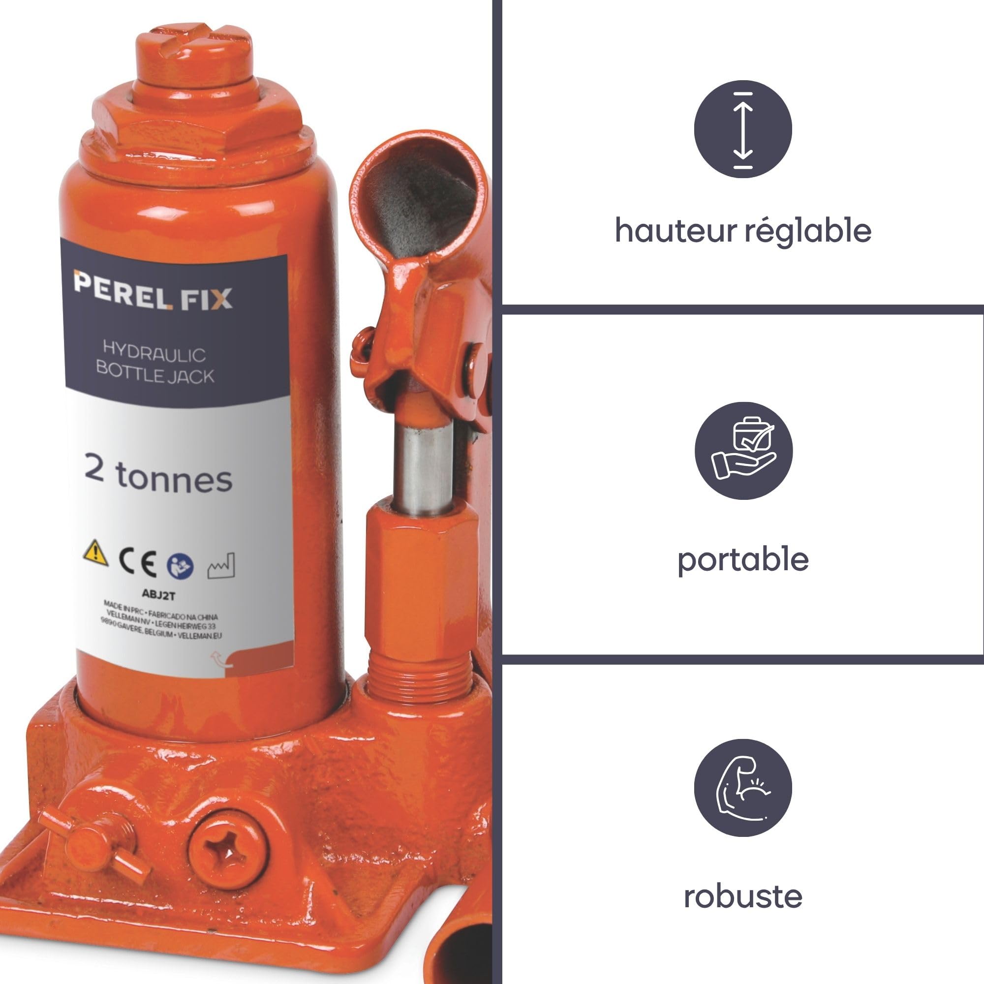 Perel Cric hydraulique Bouteille 2 tonnes (2000 kg), cric Auto Compact en Acier, Hauteur 158-308 mm, pour Voiture, Utilitaire, Caravane et remorque, idéal Garage et Atelier