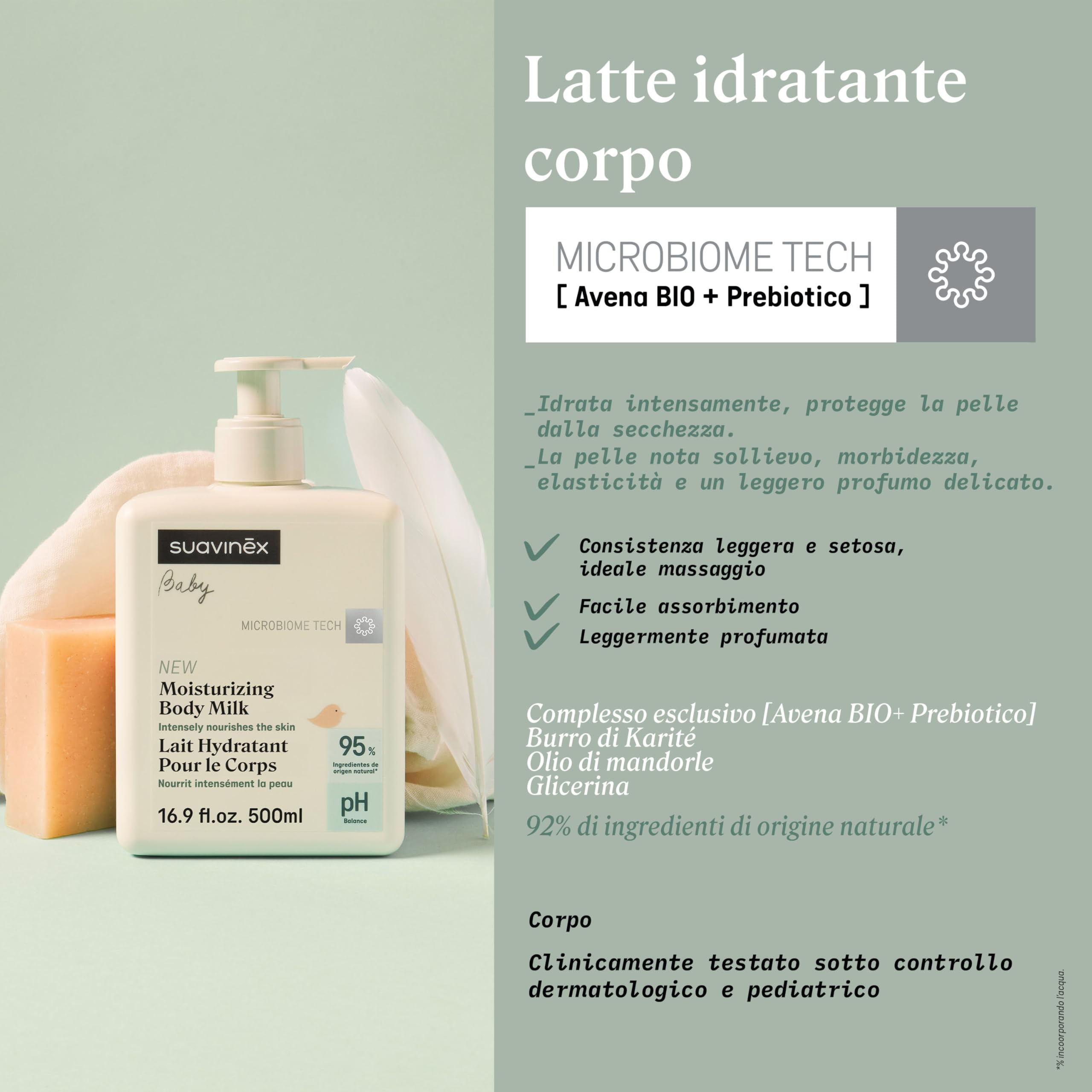 Suavinex Latte Corpo Idratante Neonato 500 ml Crema Pelli Sensibili Texture Leggera Assorbimento Facile 95% Ingredienti Naturali Prebiotici