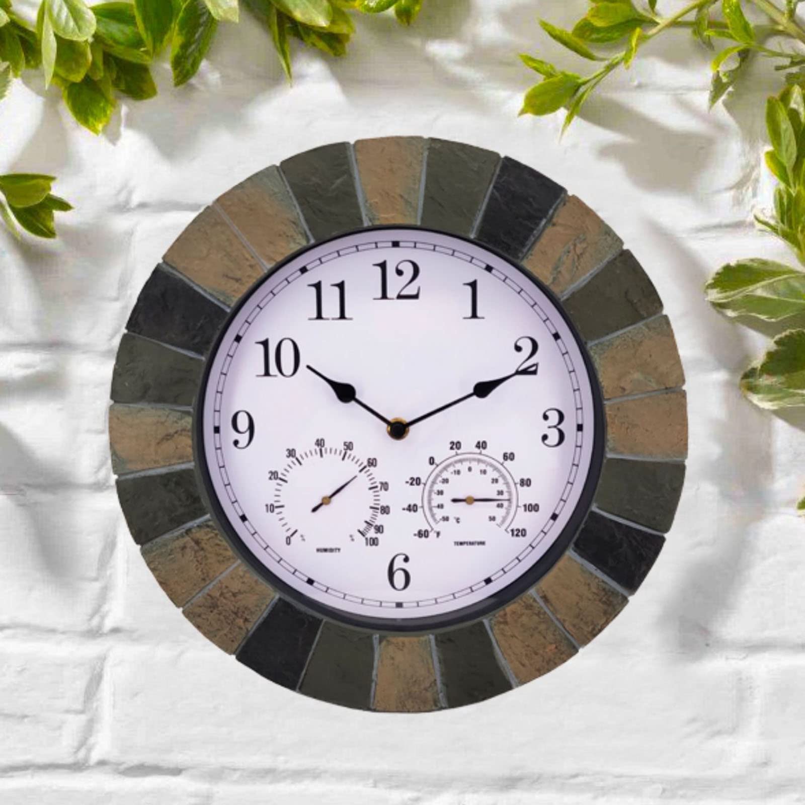 Reloj de pared para interiores y exteriores de 13 pulgadas con temperatura y humedad, funciona con pilas, reloj silencioso para temperatura y humedad del hogar