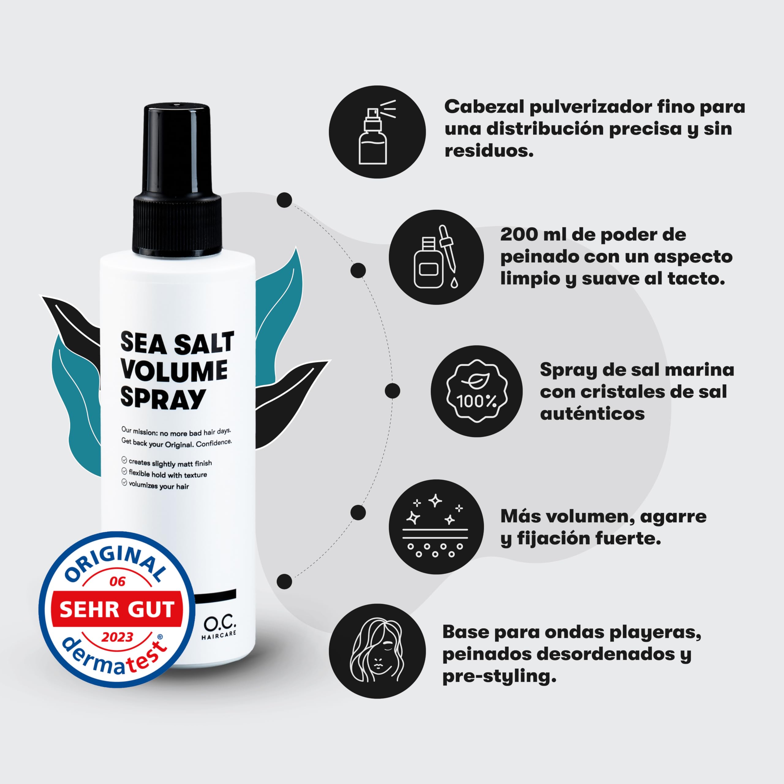 O.C. HAIRCARE Sea Salt Spray – 200 ml spray de sal marina para el cabello – prueba 30 días sin riesgos – potenciador de volumen para una sensación más completa del cabello con agarre fuerte – 100%