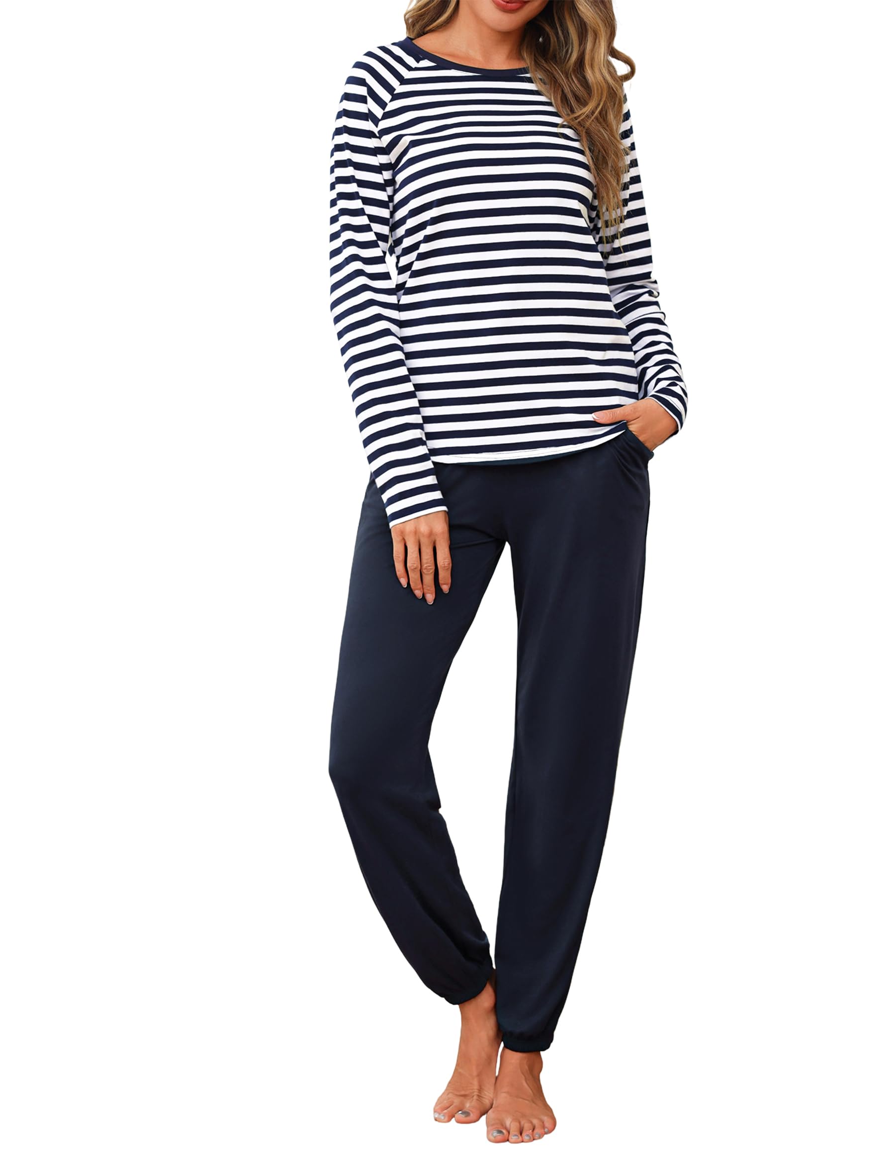 Uniexcosm Women's Pyjama Sets Cotton Long Sleeve Pjs for Women Soft Striped Top and Pants ...