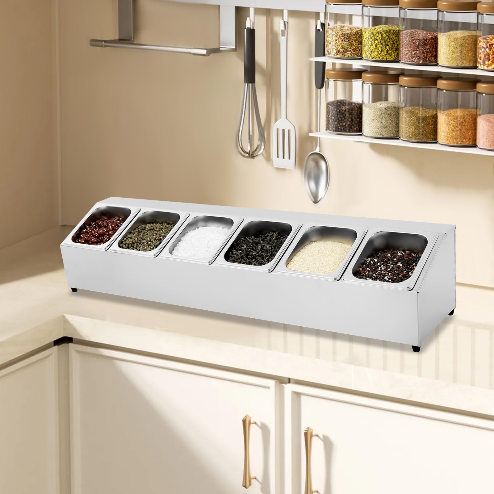 Étagère à Épices Cuisine Maison,Distributeur De Condiments Avec Couvercle,Restaurant Café,Rangement Alimentaire Inox 201 Durable,6 Récipients 1,5L Facile Nettoyage,Antidérapant,Argenté