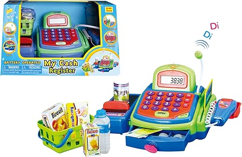 Escáner electrónico del juego de simulación del juguete de la caja registradora, dinero y tarjeta de crédito, comestibles con el verde del sonido