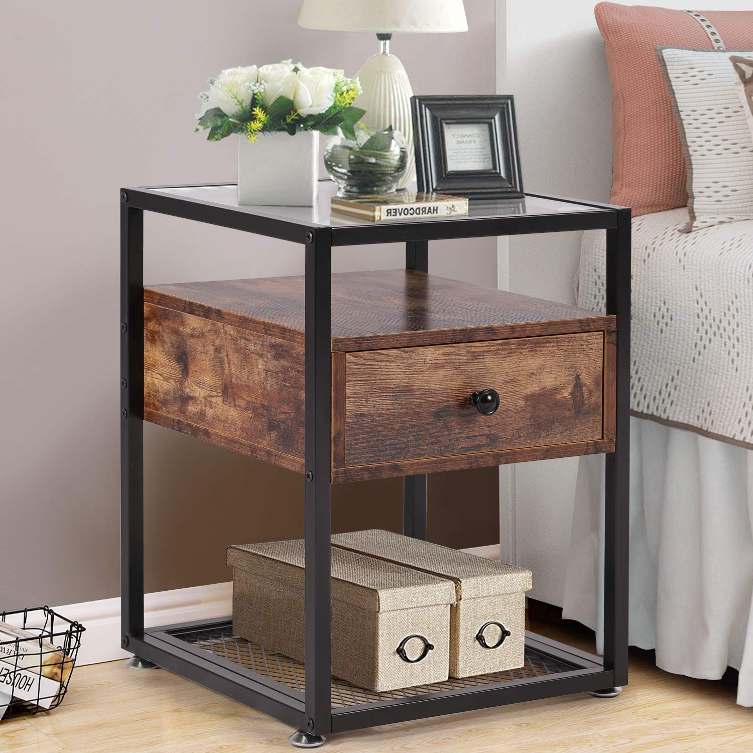 VECELOBedside End Table, Modern Nightstand with Drawer, Night Stand for Living Room Bedroom, Tempered Glass, Brown