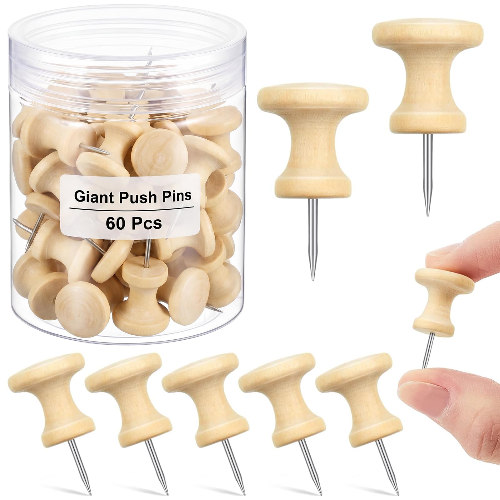 Outus 60 Pcs Giant Push Pins Jumbo Tacks 1 Inch Plastic Head for Cork Board Map Posters Decorations Gifts Under 10 Dollars (Wood Color) — image 1