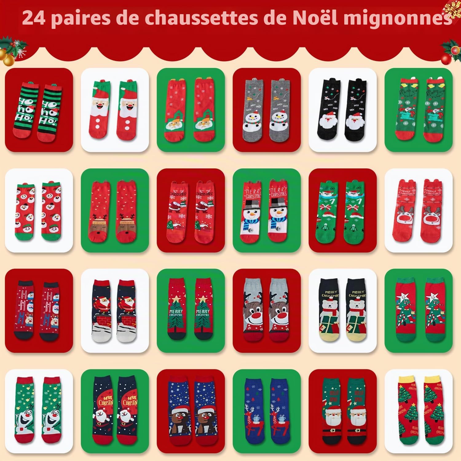 Calendrier de l'Avent 2026 24 jours de Noël avec joli motif chaussettes pour Noël (rouge, 36-42)